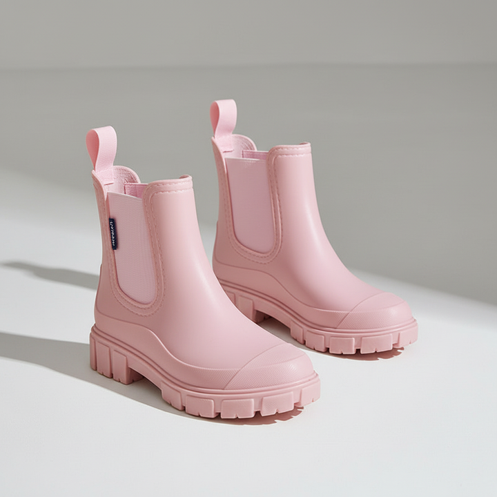 Pink waterproof boots for women displayed on a clean background for footwear styling