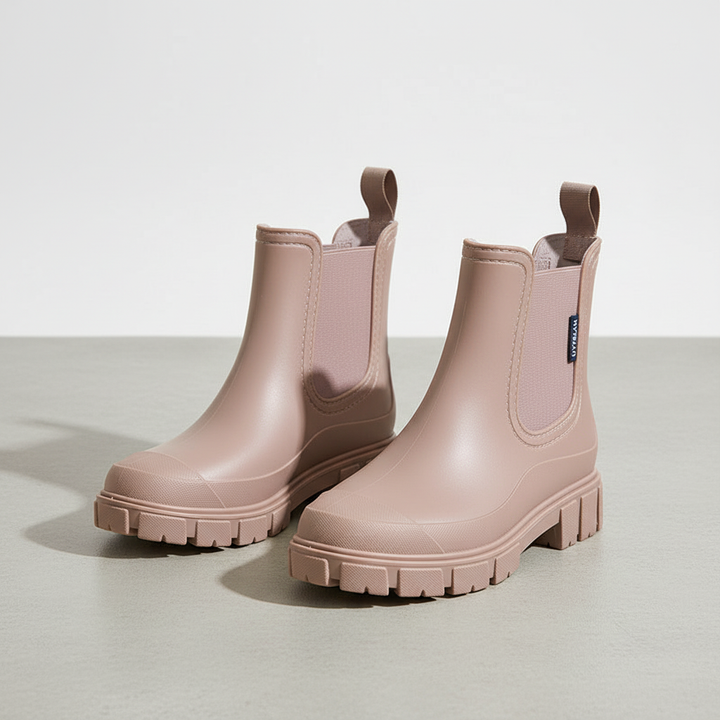 Close-up of black women's rain boots highlighting waterproof material and stitching