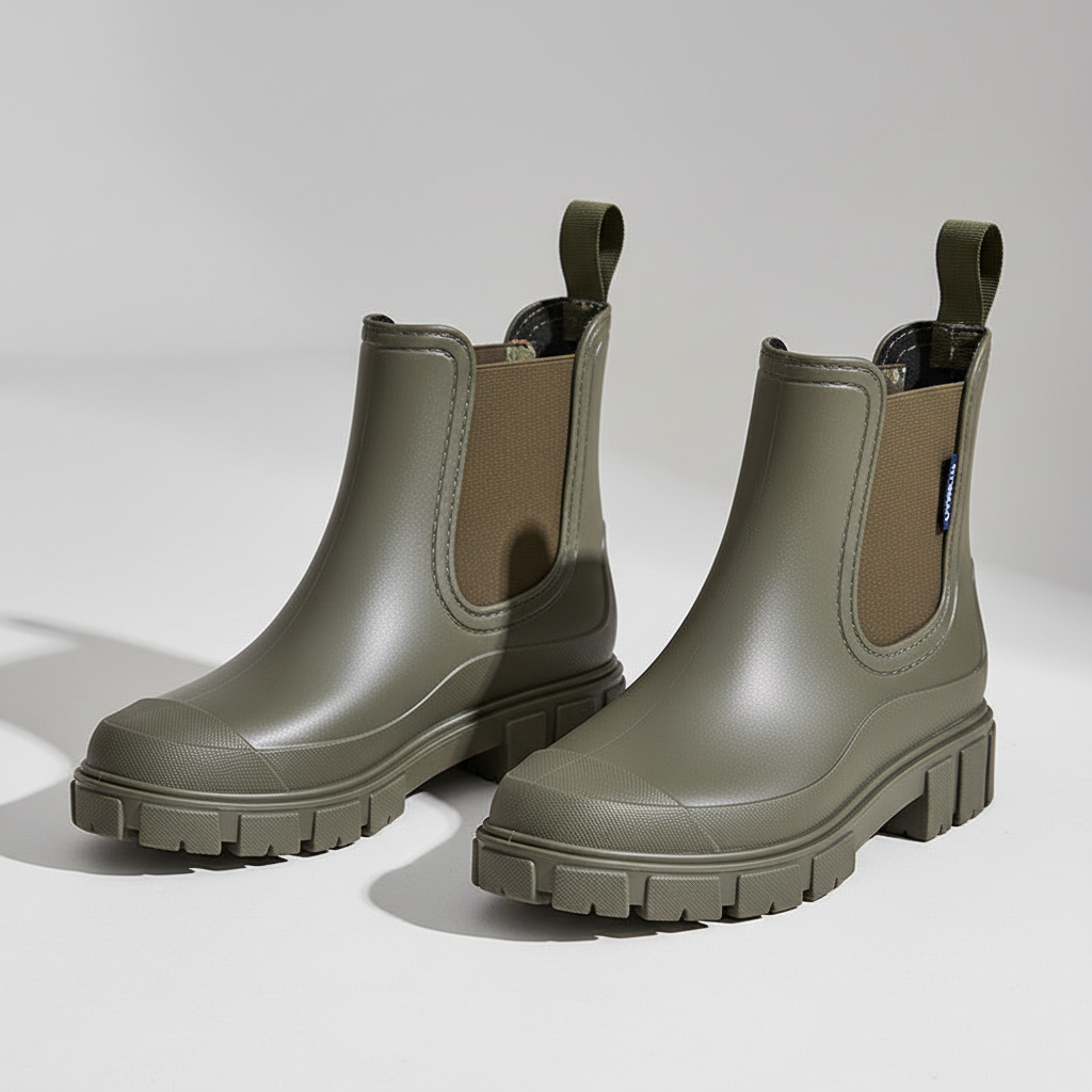 Assortment of women's waterproof rain boots in black, beige, and pink colors