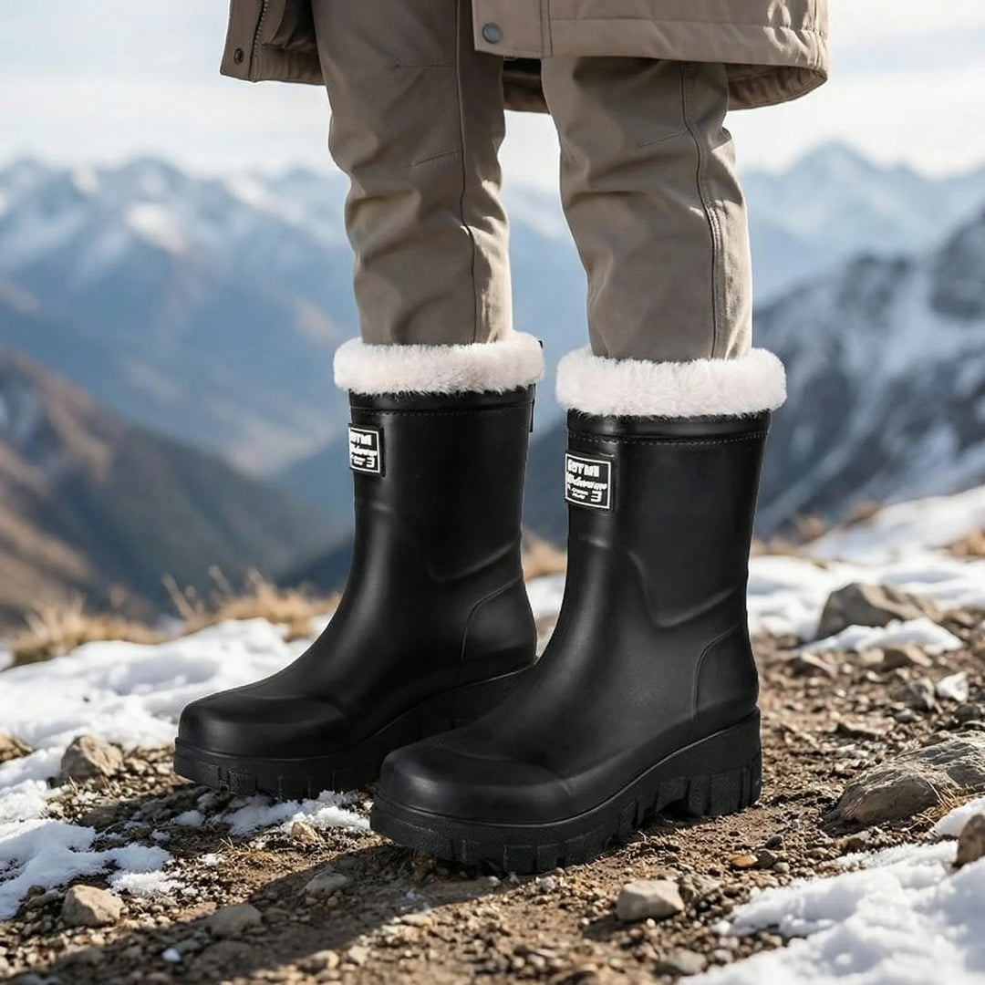 Woman wearing black waterproof ankle boots with fluffy lining outdoors in winter