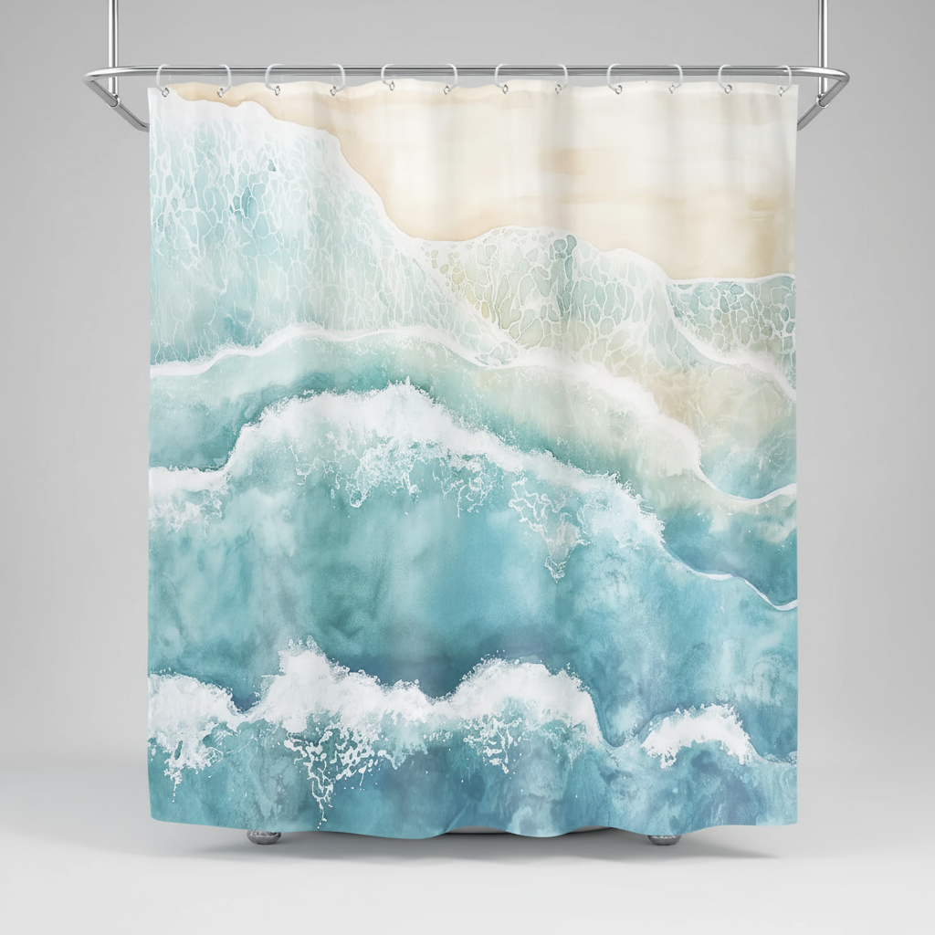Washable polyester shower curtain with ocean wave graphics