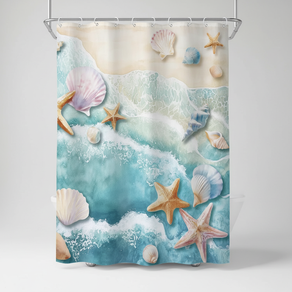 Coastal ocean waves waterproof fabric bathroom curtain