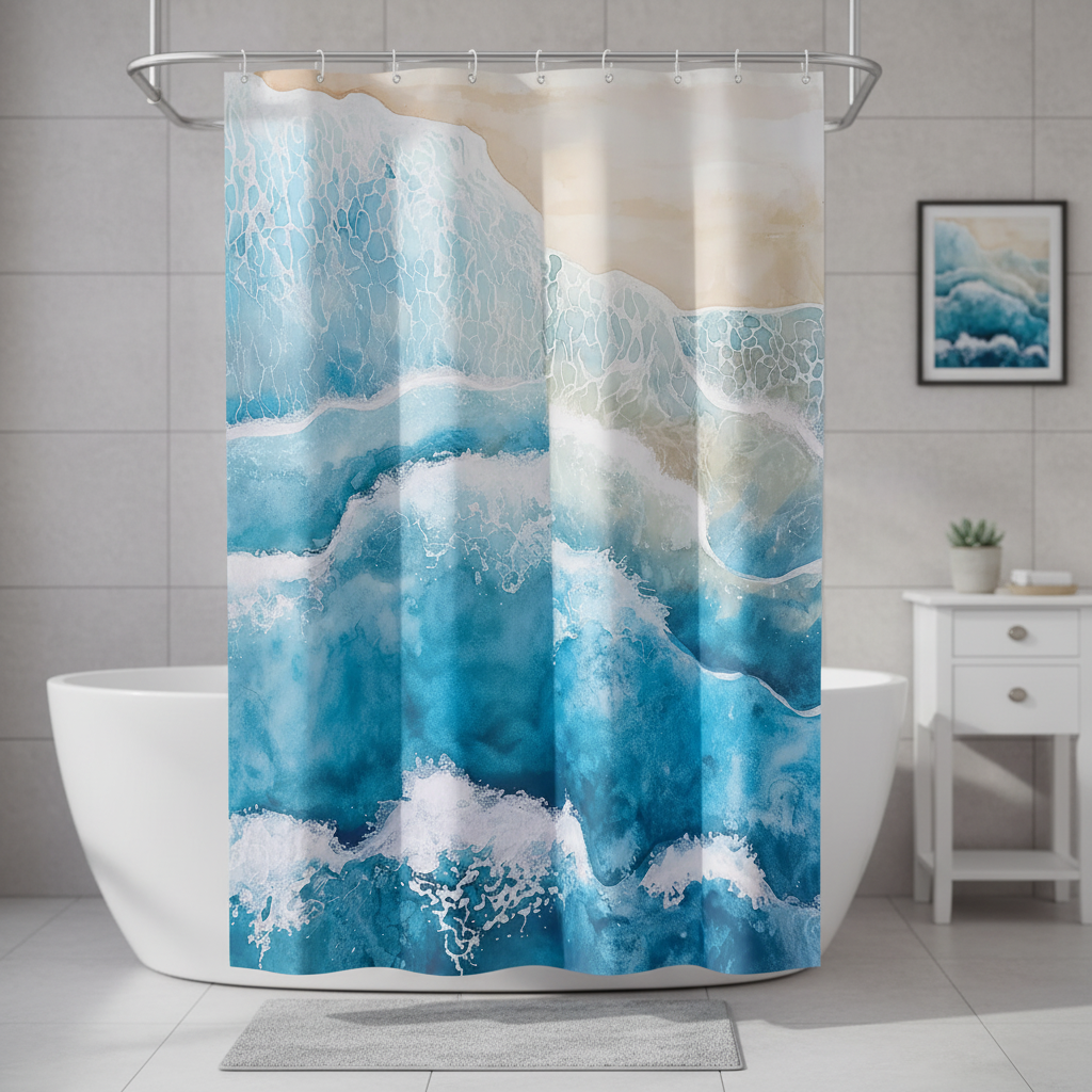 Waterproof polyester shower curtain with coastal wave design hanging over a white bathtub in a modern bathroom