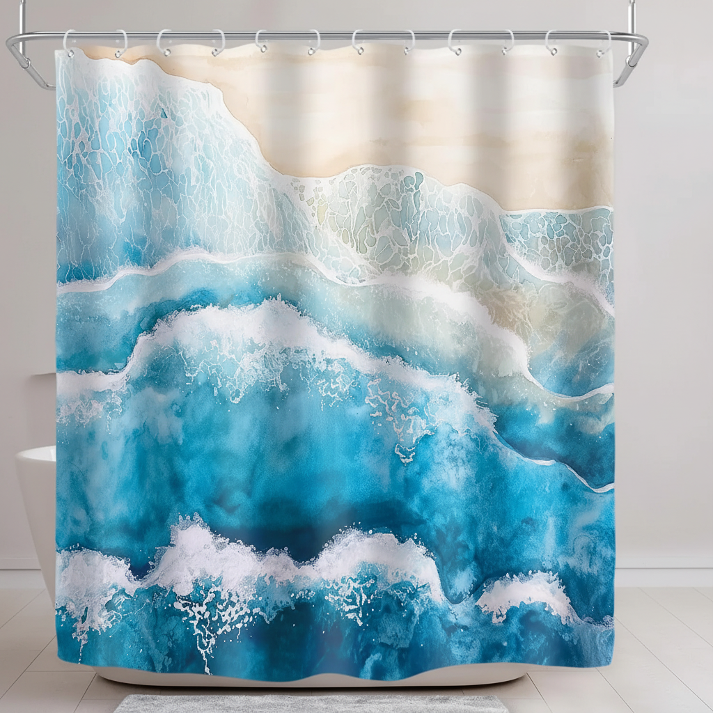 Close-up view of the artistic ocean wave pattern on the waterproof shower curtain fabric