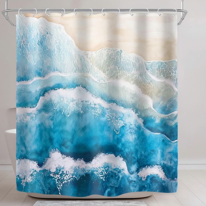 Close-up view of the artistic ocean wave pattern on the waterproof shower curtain fabric