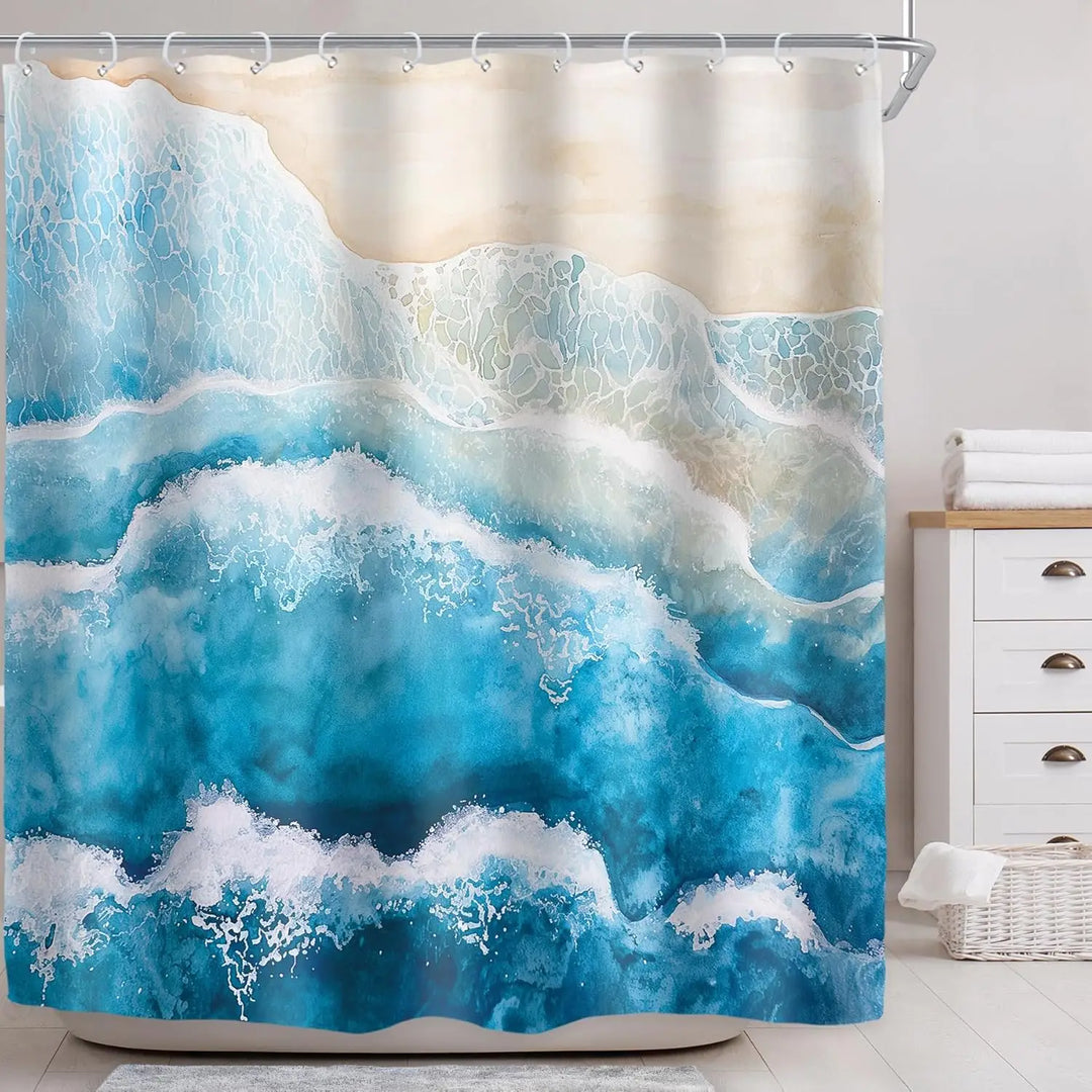 Waterproof polyester shower curtain featuring ocean waves design