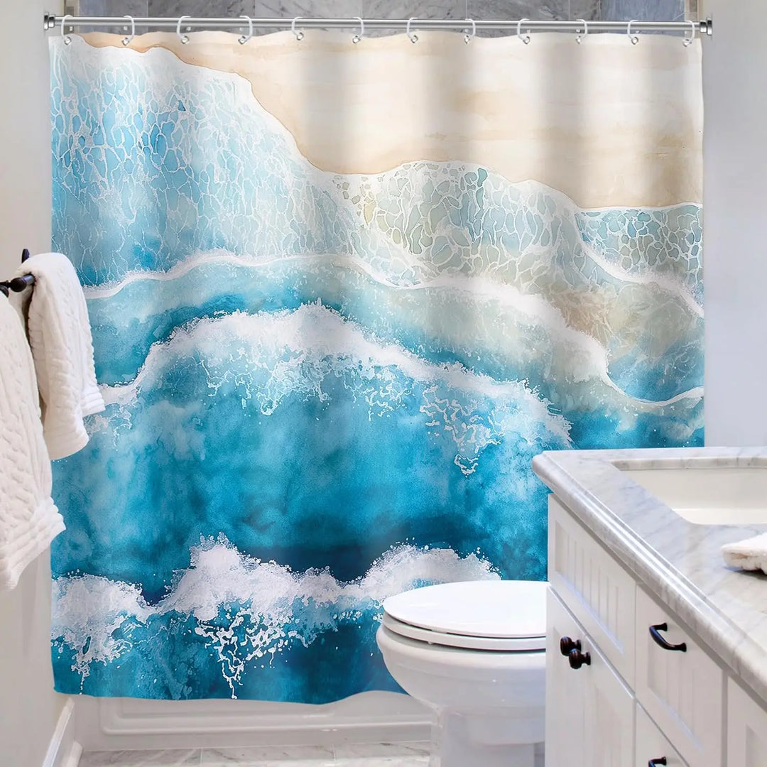 Coastal style bathroom decor with washable polyester curtain