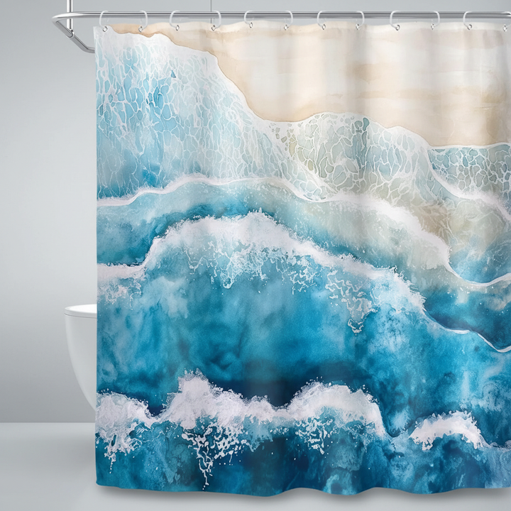 Fabric shower curtain with coastal ocean wave pattern