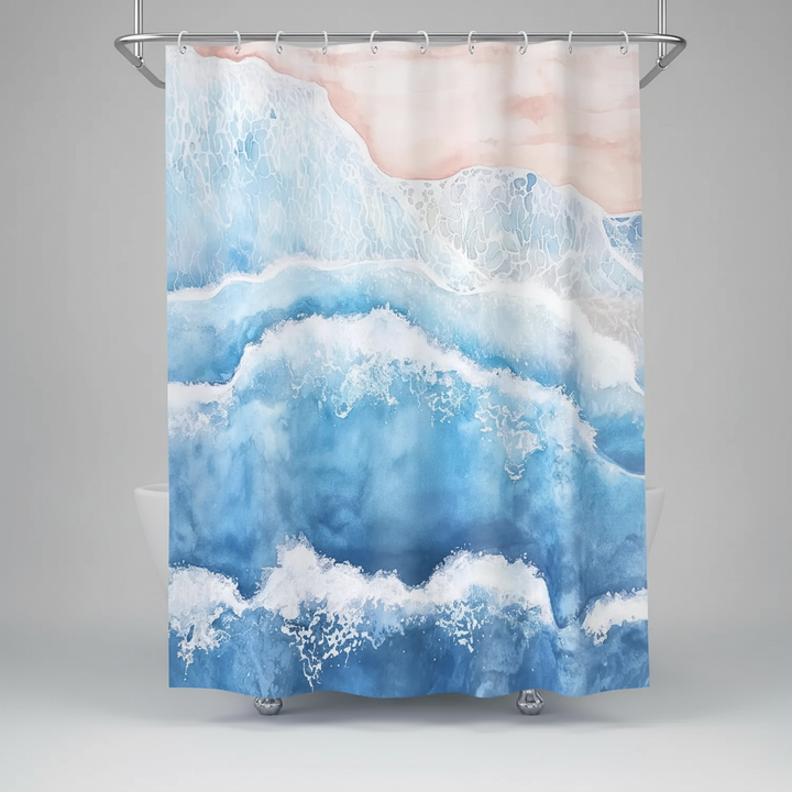 Water-resistant bathroom curtain in a coastal wave design