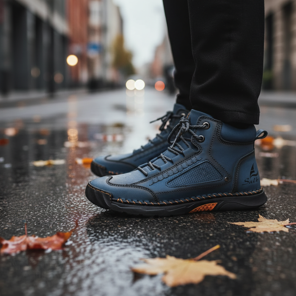 Men's waterproof ankle boots in blue worn outdoors on a wet street