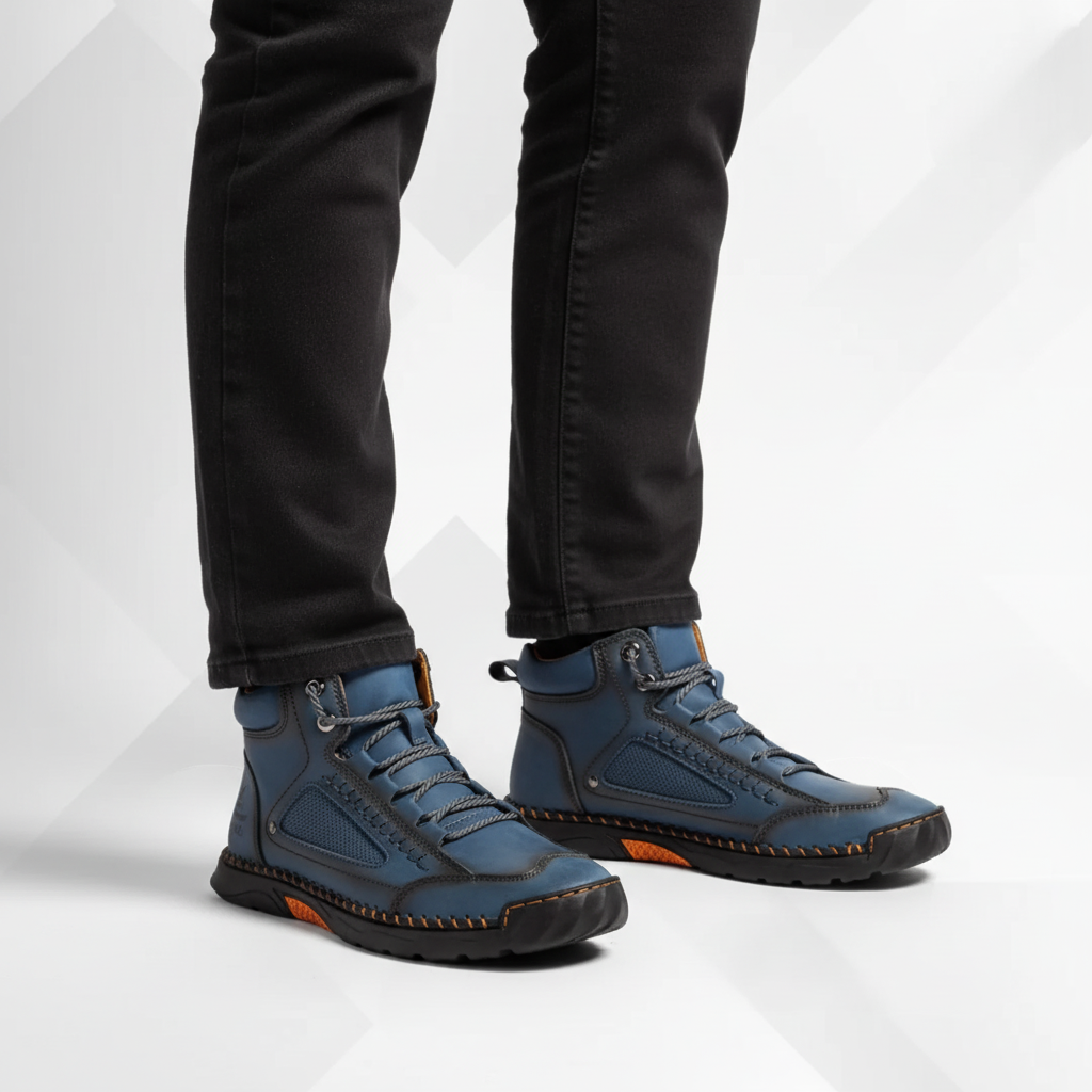 Waterproof mens ankle boots viewed from the side, showing durable outdoor tread