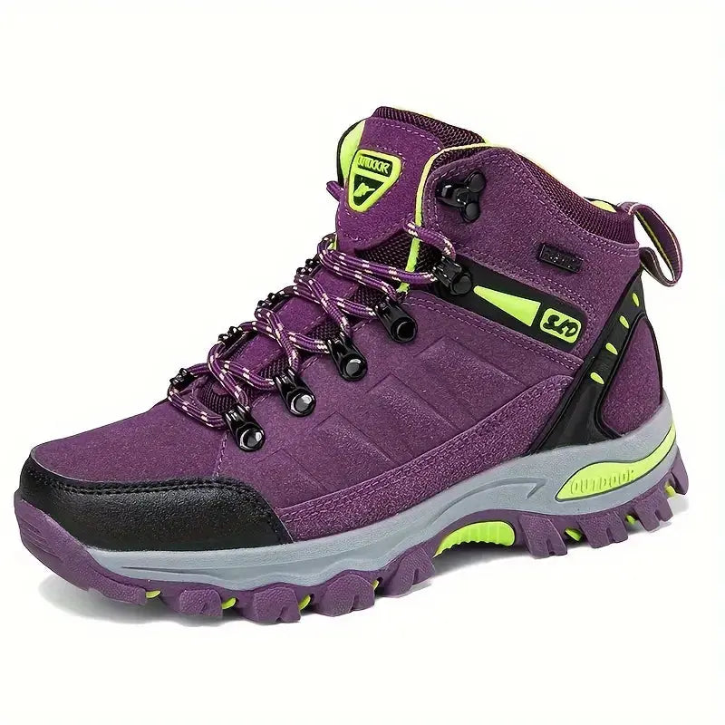 Purple women's outdoor hiking boot with high ankle support and textured sole