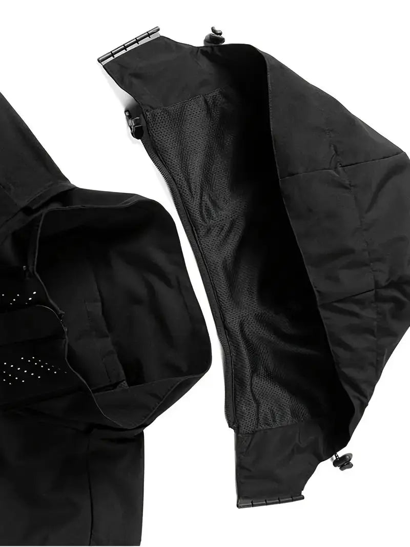 Close-up of zipper and waterproof fabric on mens outdoor jacket