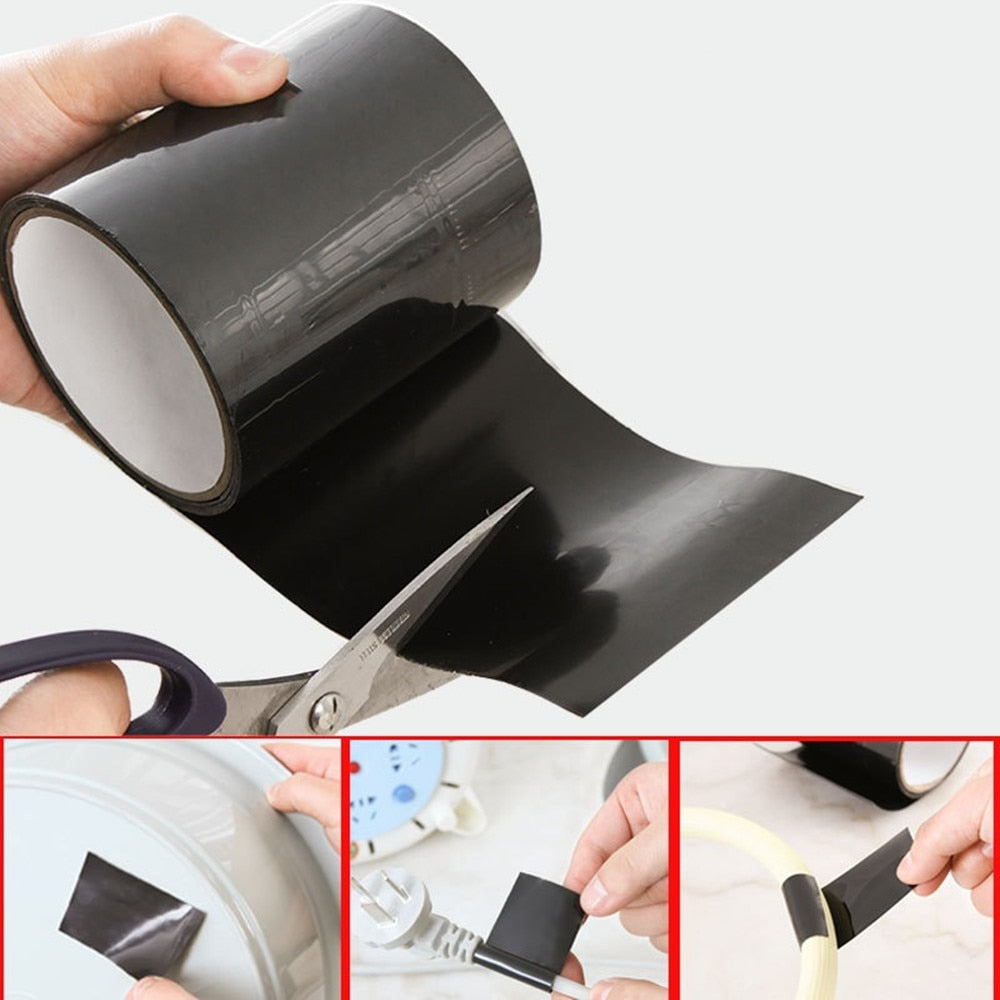 Roll of black heavy duty repair tape being cut with scissors during a repair