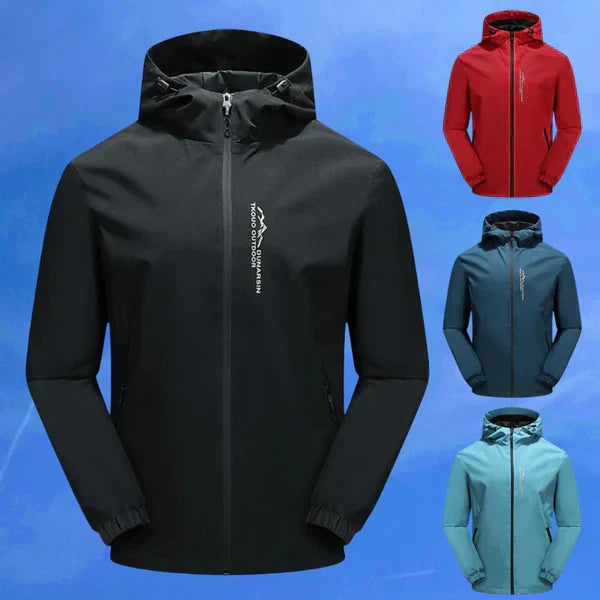 Close-up of lightweight water-resistant hiking jacket fabric and zipper