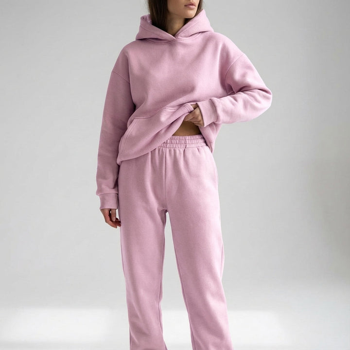 Comfortable lounge outfit featuring matching sweatshirt and jogger pants