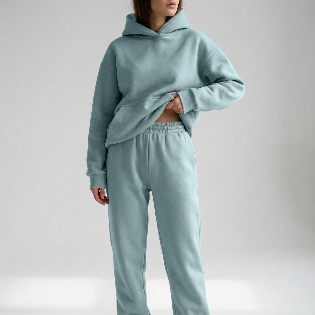 Cozy womens fashion tracksuit worn for relaxing at home or running errands