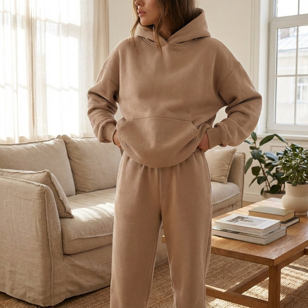 Woman wearing a khaki oversized hoodie and sweatpants tracksuit set indoors