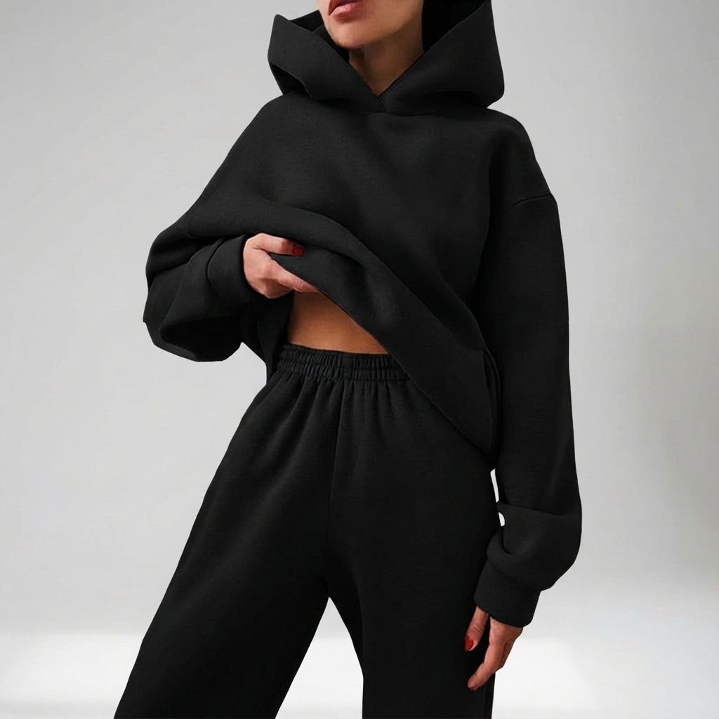 Close up fabric detail of oversized hoodie and sweatpants set for casual wear