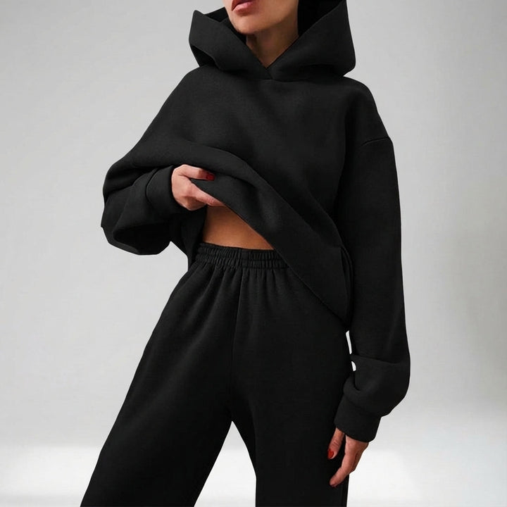 Close up fabric detail of oversized hoodie and sweatpants set for casual wear