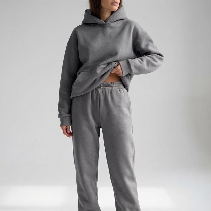 Back view of womens fashion tracksuit showing relaxed fit and soft material