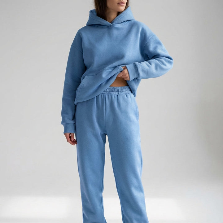 Detailed shot of the oversized hoodie drawstring and pocket features
