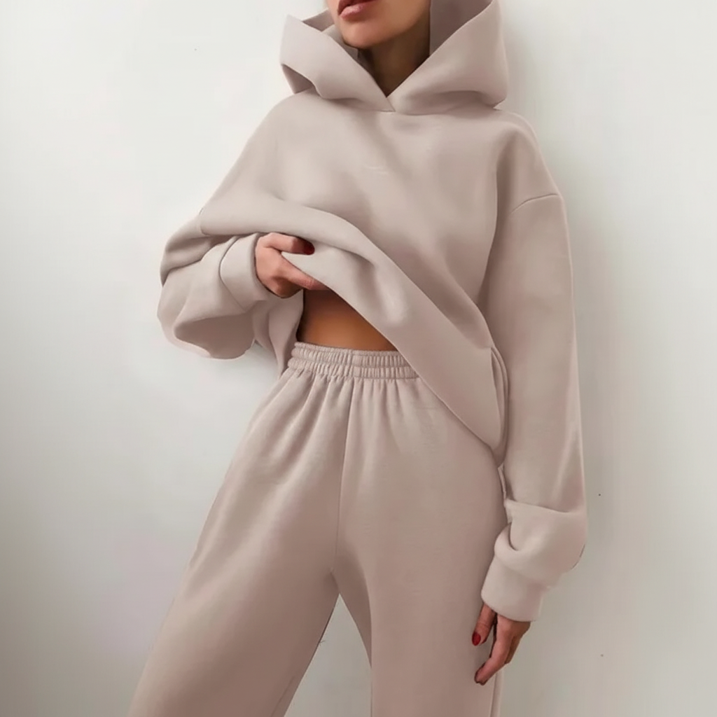Flat lay of the complete womens fleece loungewear set for casual winter wear