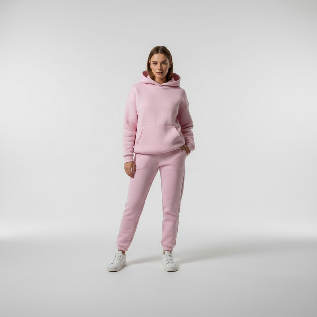 Lifestyle image of the casual winter fashion fleece jumper and jogger set