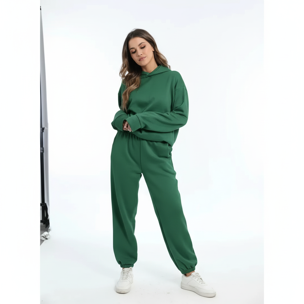 Womens soft fleece lounge set featuring a cozy hooded sweatshirt and matching joggers