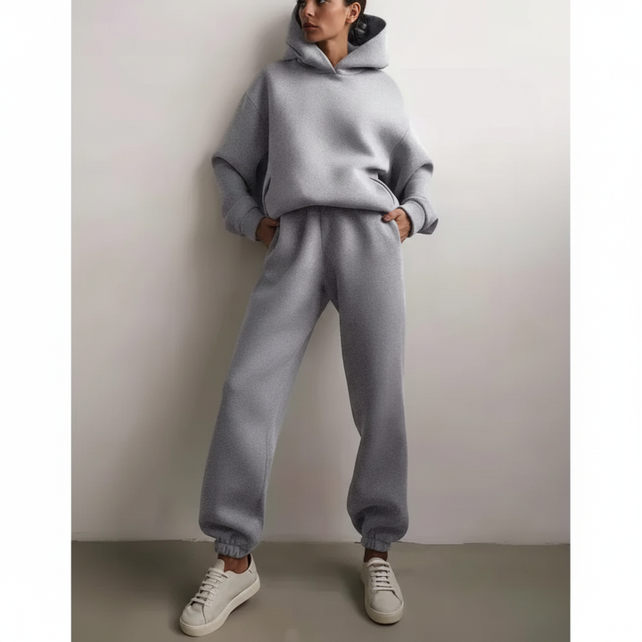 Side profile of a woman wearing the comfortable fleece jogger and jumper loungewear
