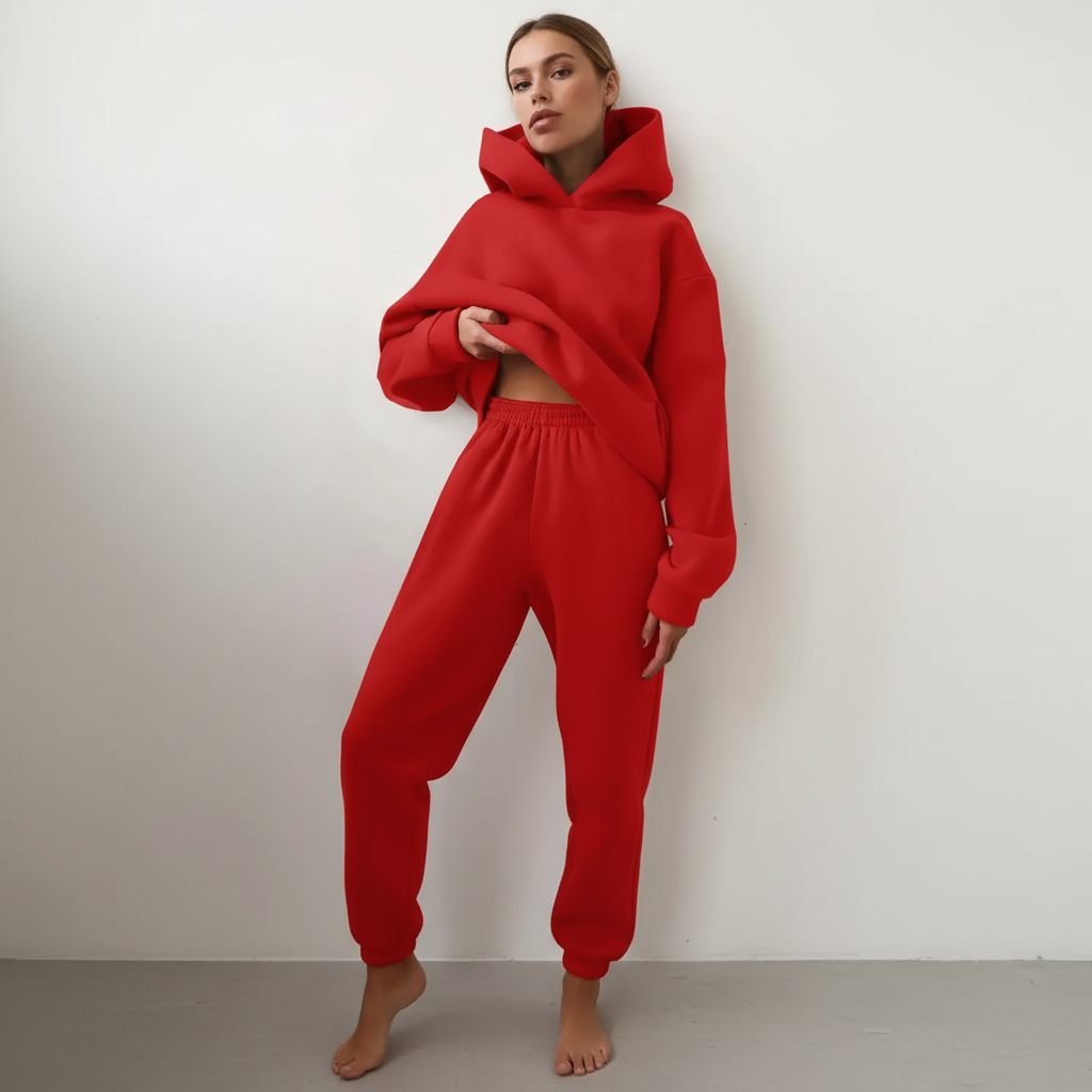 Back view of the relaxed fit fleece hoodie and matching lounge pants outfit