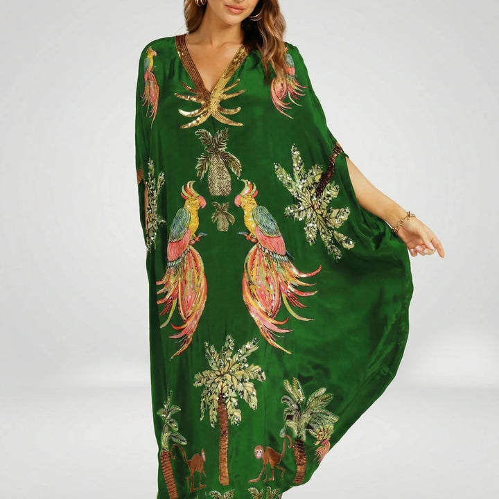 Elegant v-neck tropical print maxi kaftan dress for women's summer wardrobe