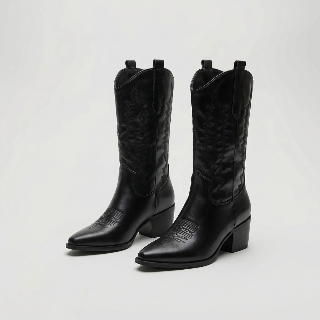 Close up detail of embroidered stitching on fashionable womens cowboy boots