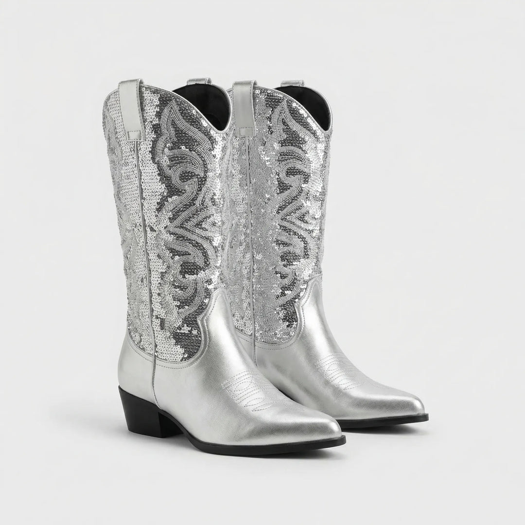 Back view of stylish knee high western boots showing durable block heel design