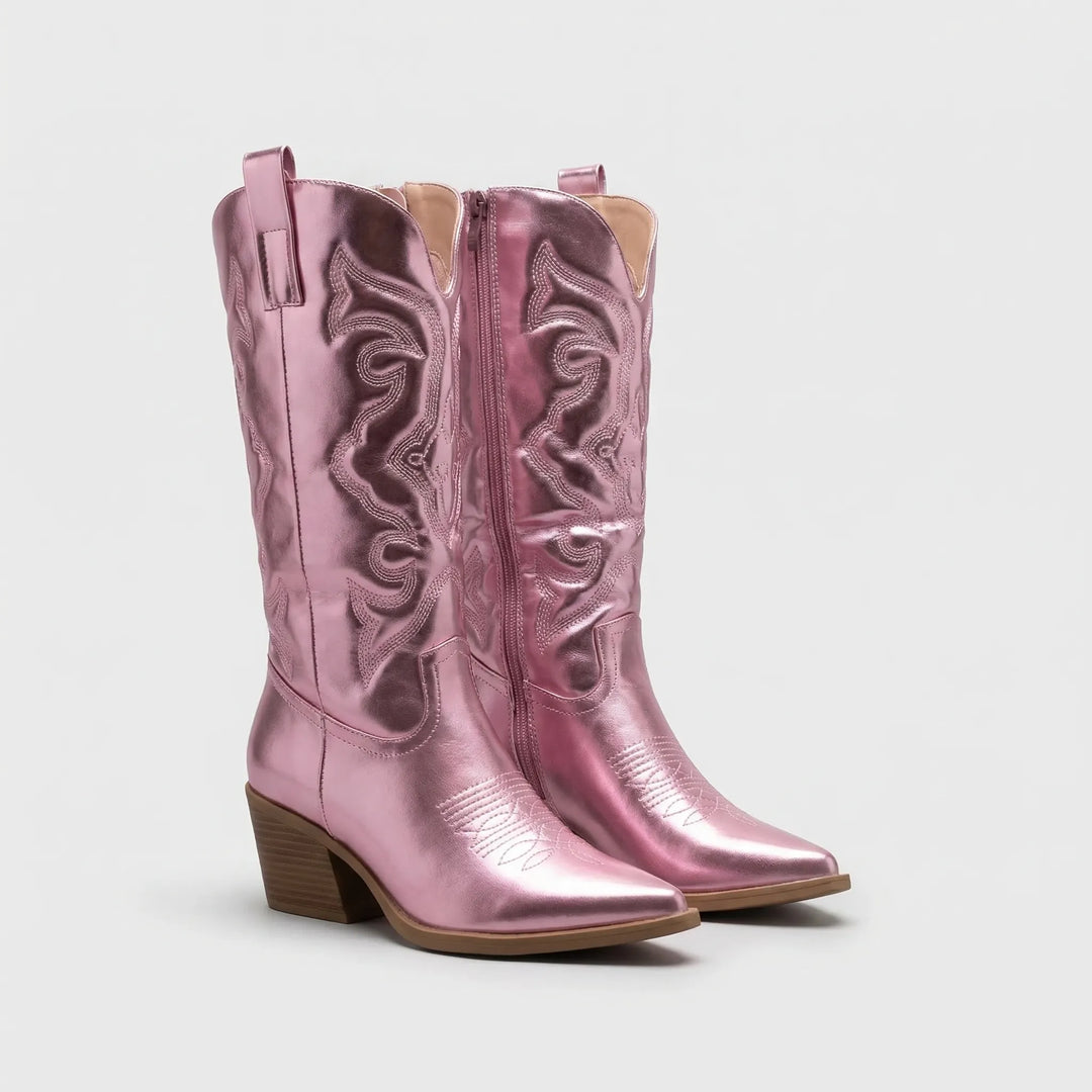 Full length shot of trendy womens western boots styled for everyday fashion