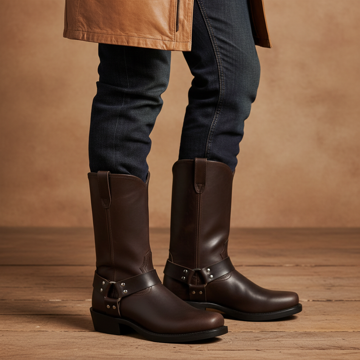 Men wearing dark brown western boots with denim jeans and harness detail