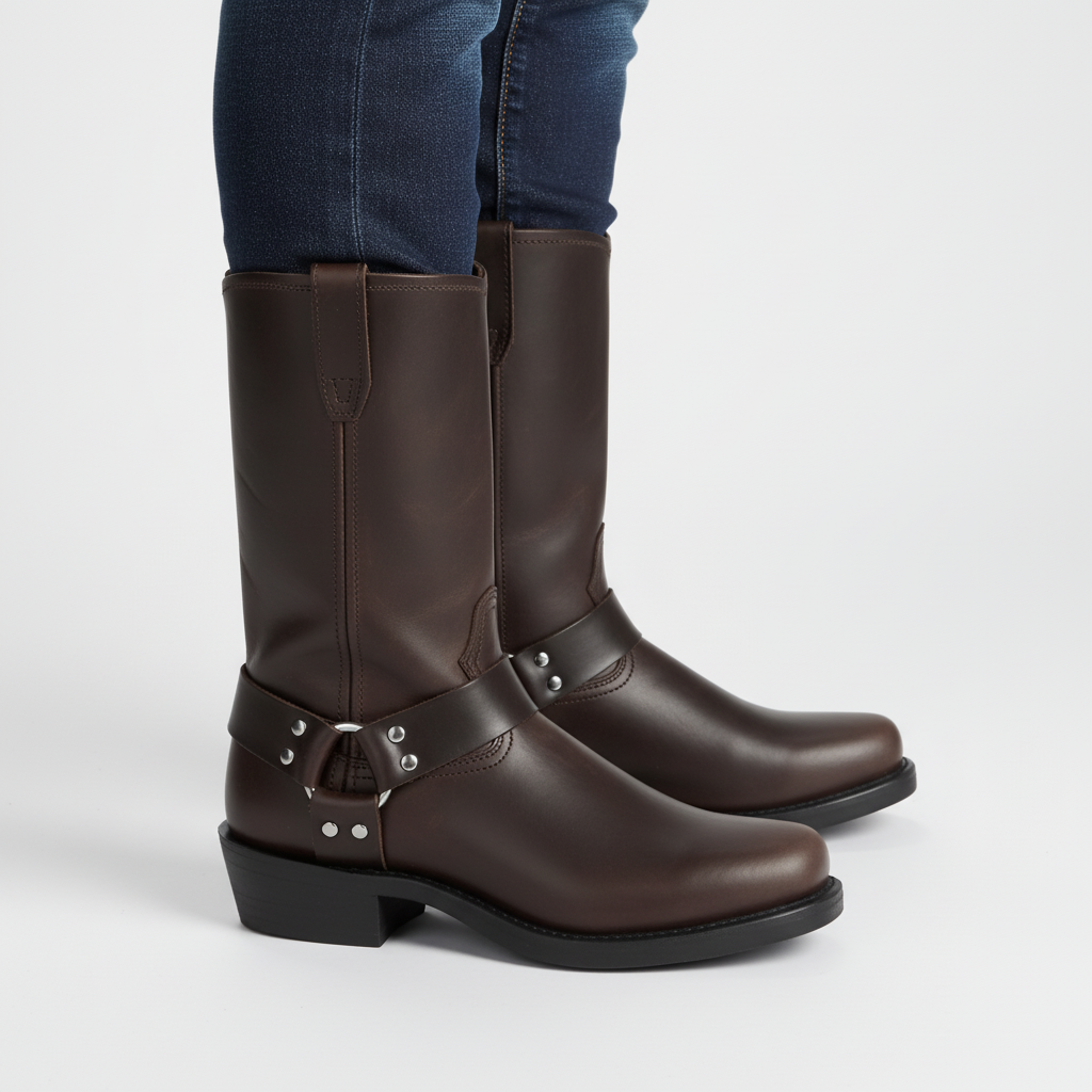 Side profile of dark brown western boots on a clean white background