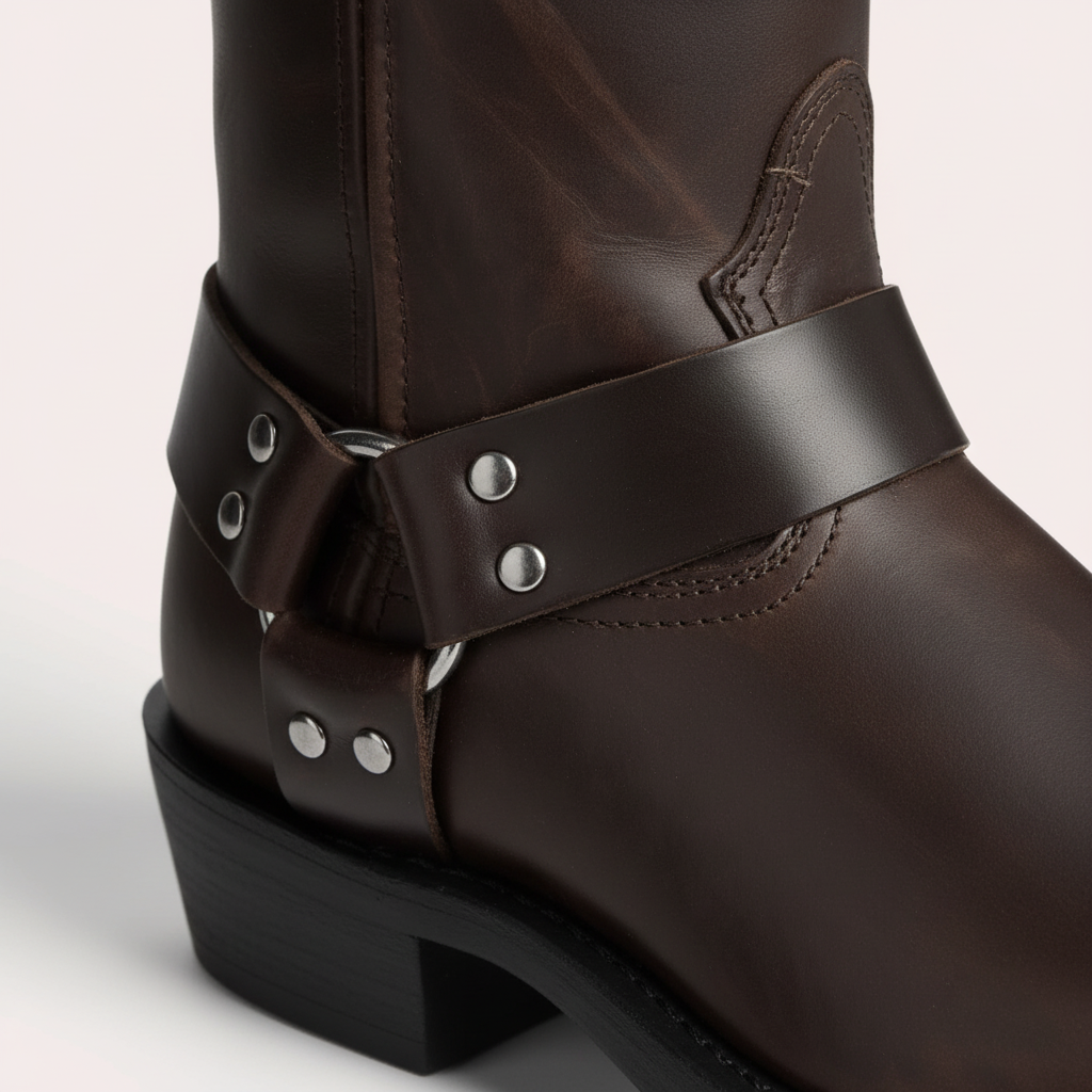 Close-up of the harness strap and decorative stitching on brown western boots