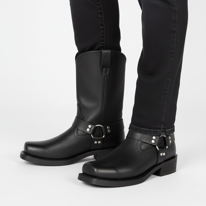 Detailed view of mens leather western boots tread and stacked heel