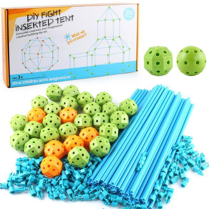 Kids fort building kit packaging and colorful plastic construction pieces