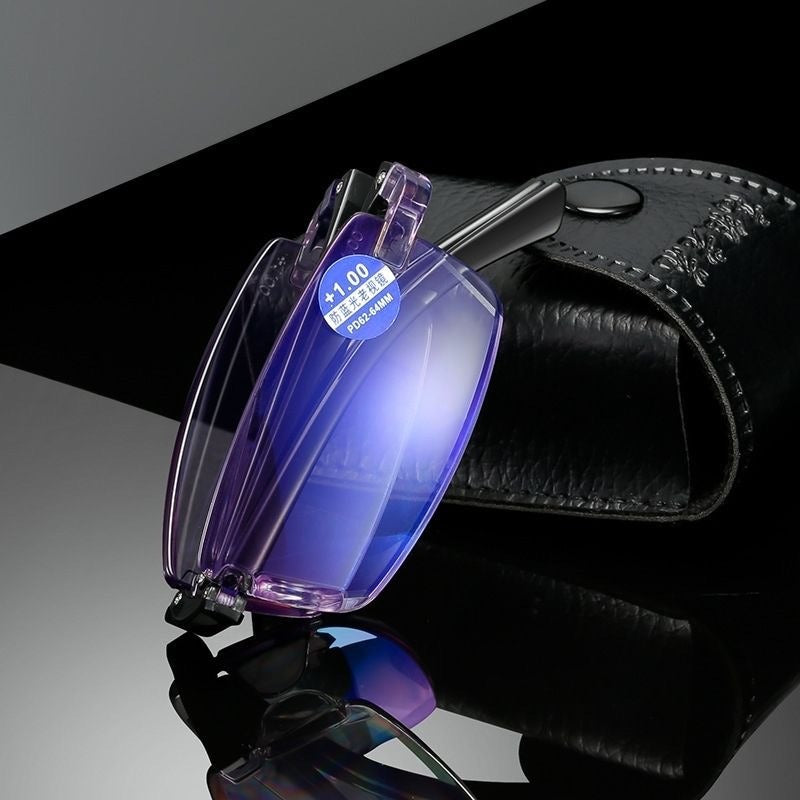 Purple tinted folding reading glasses with strength label on case
