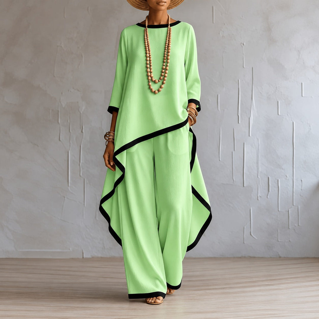 Back view of elegant women's matching set with wide-leg trousers and top
