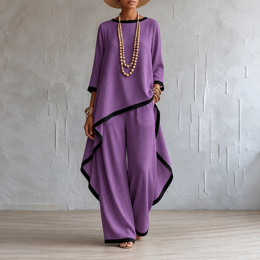 Full length view of casual chic two piece set for women in neutral tone
