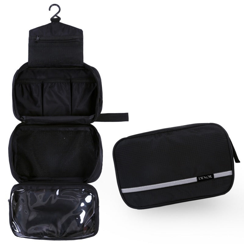 Tallulah compact hanging toiletry bag in black shown open and closed