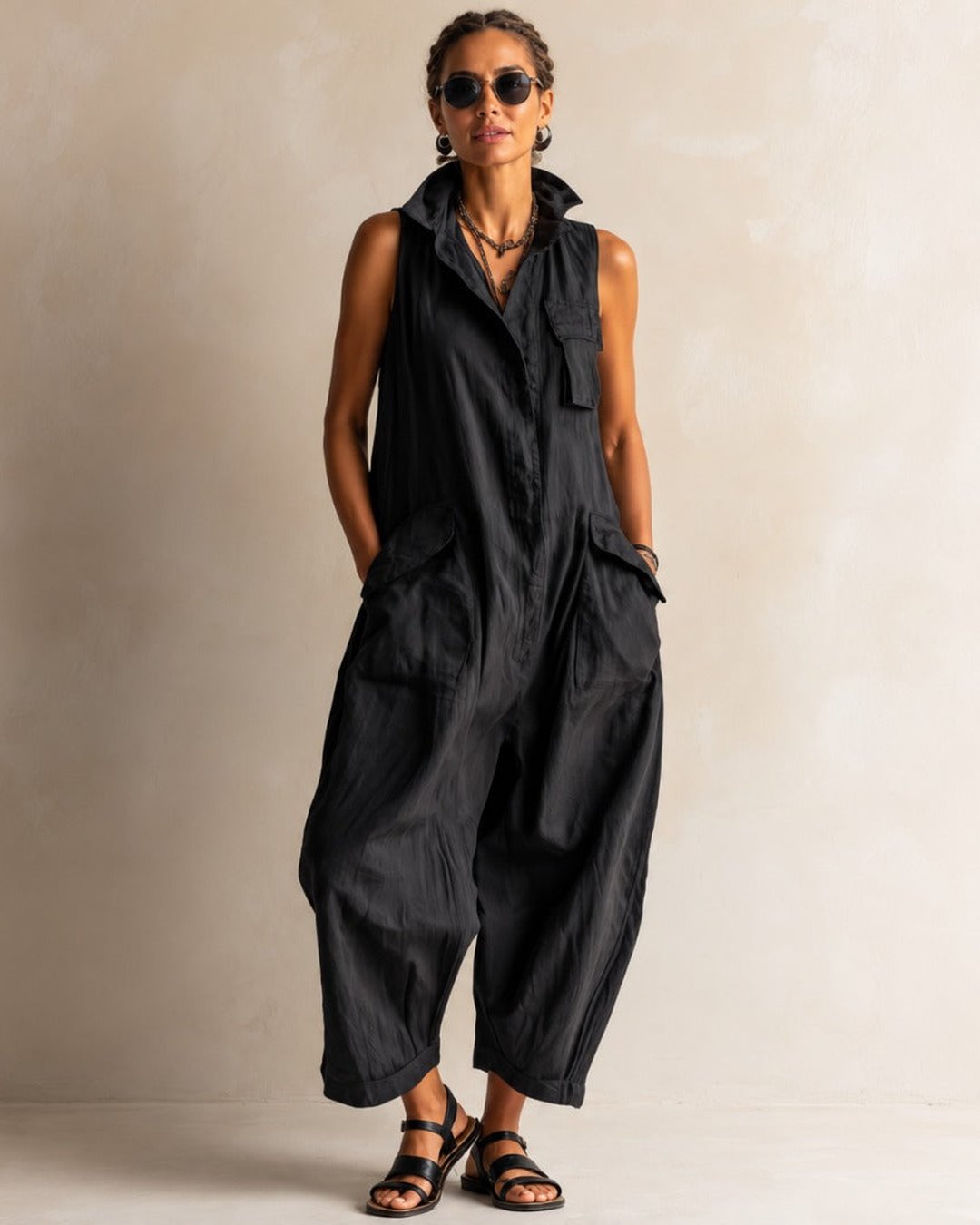 Woman wearing the black Leta sleeveless utility jumpsuit with sandals