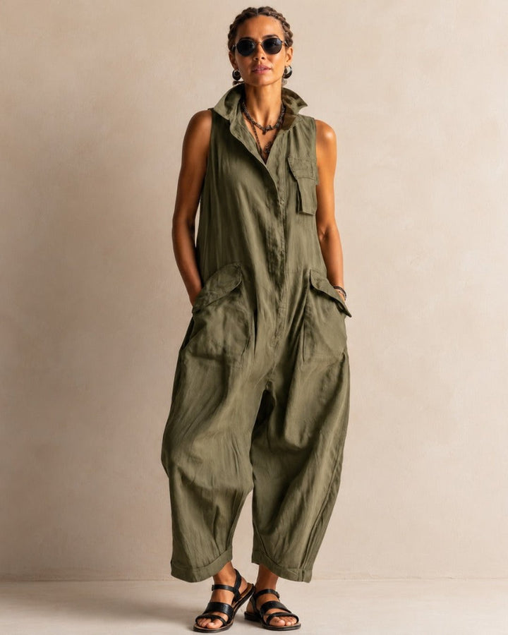 Woman wearing the olive Leta sleeveless utility jumpsuit
