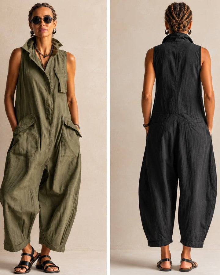 Khaki one-piece summer jumpsuit featuring chest pockets and a cinched waist