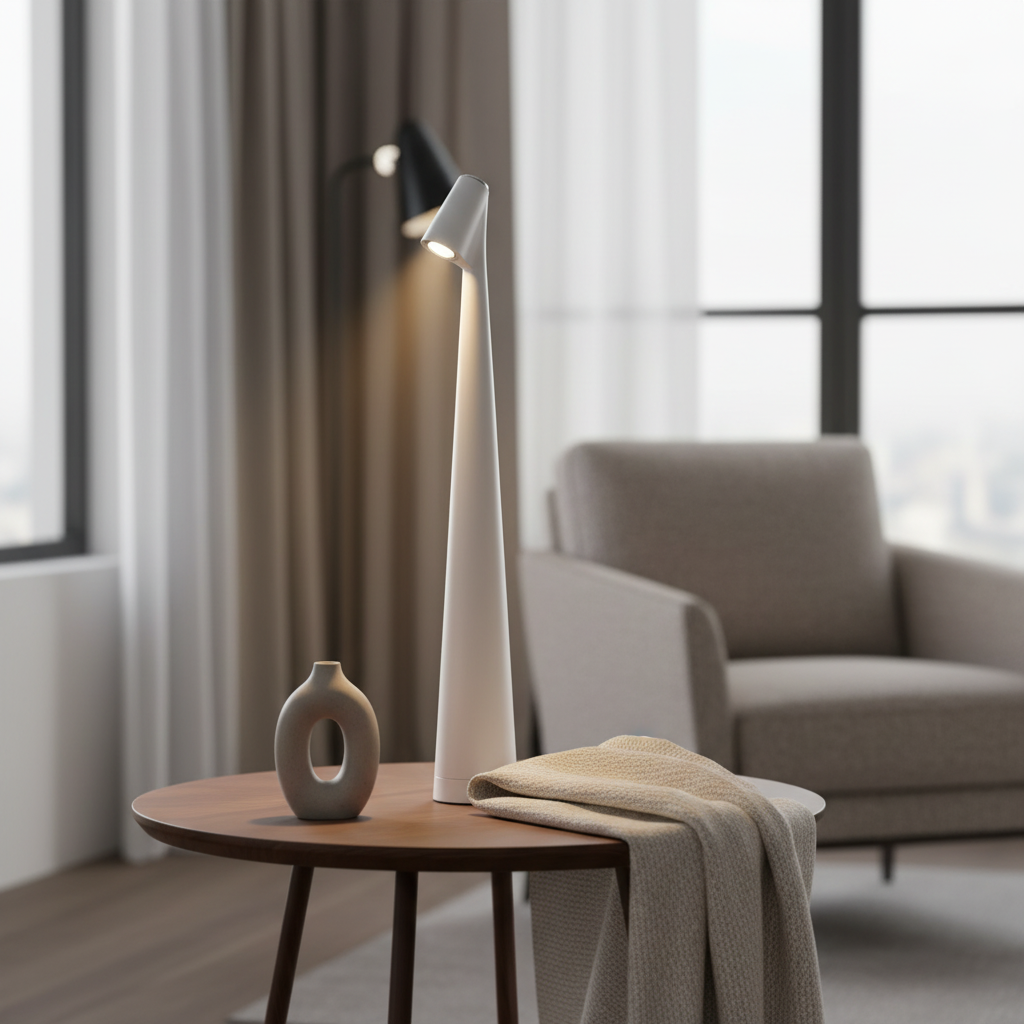Modern cordless table lamp glowing softly on a wooden side table in a living room