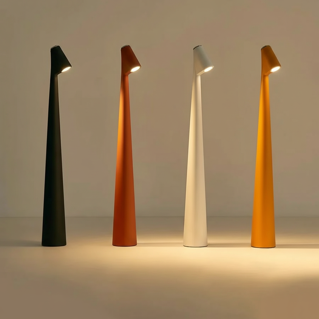 Collection of rechargeable modern table lamps in black, red, white, and yellow finishes