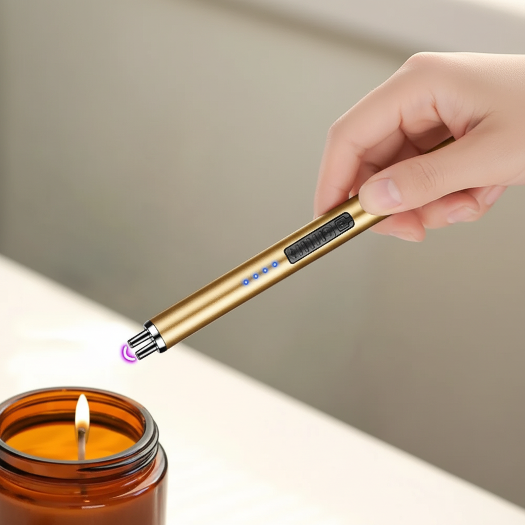 Hand holding a gold rechargeable plasma lighter igniting a candle